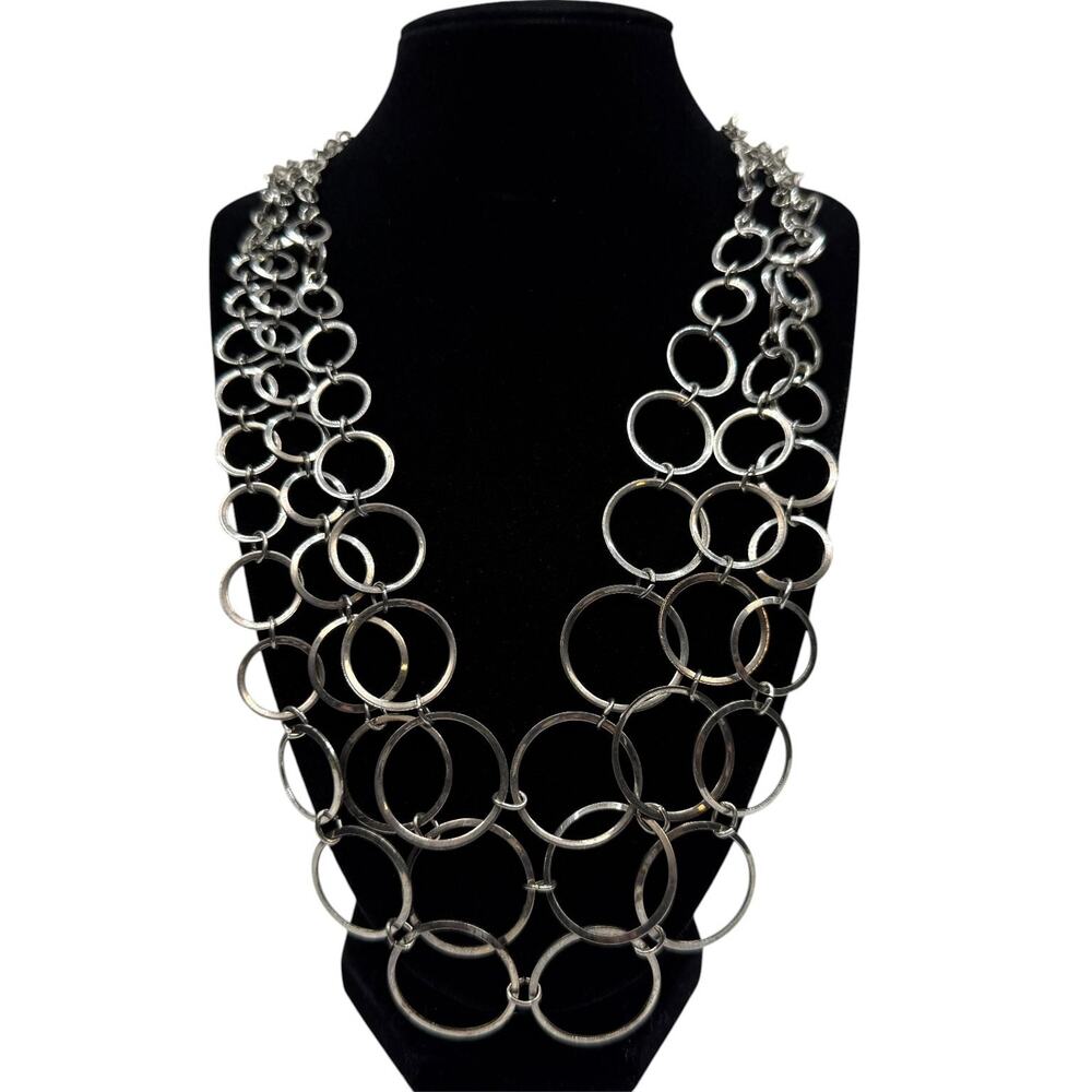 Silver Tone Multi-Strand Linked Ring Bib Statement Necklace Fashion 19 in L